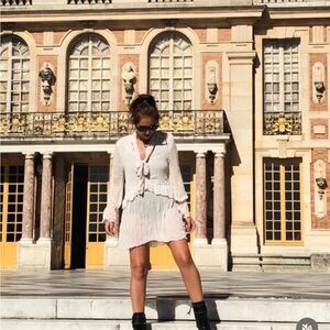 Zara Cream Neck Tie Mesh Long Sleeve Mini Dress